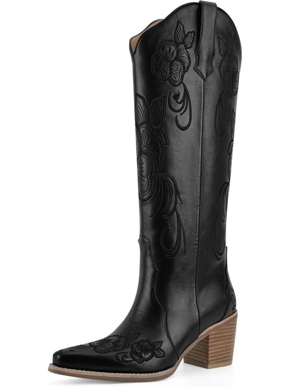 Women Black Faux Leather Western Pointed Toe Cowboy Cowgirl Chunky Block Heels